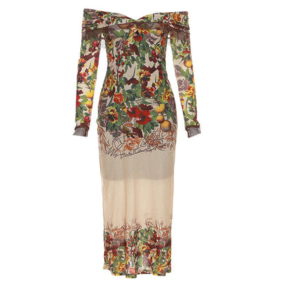 Off Shoulder Deep V Print Mesh Cuff Long Sleeve Maxi Dress