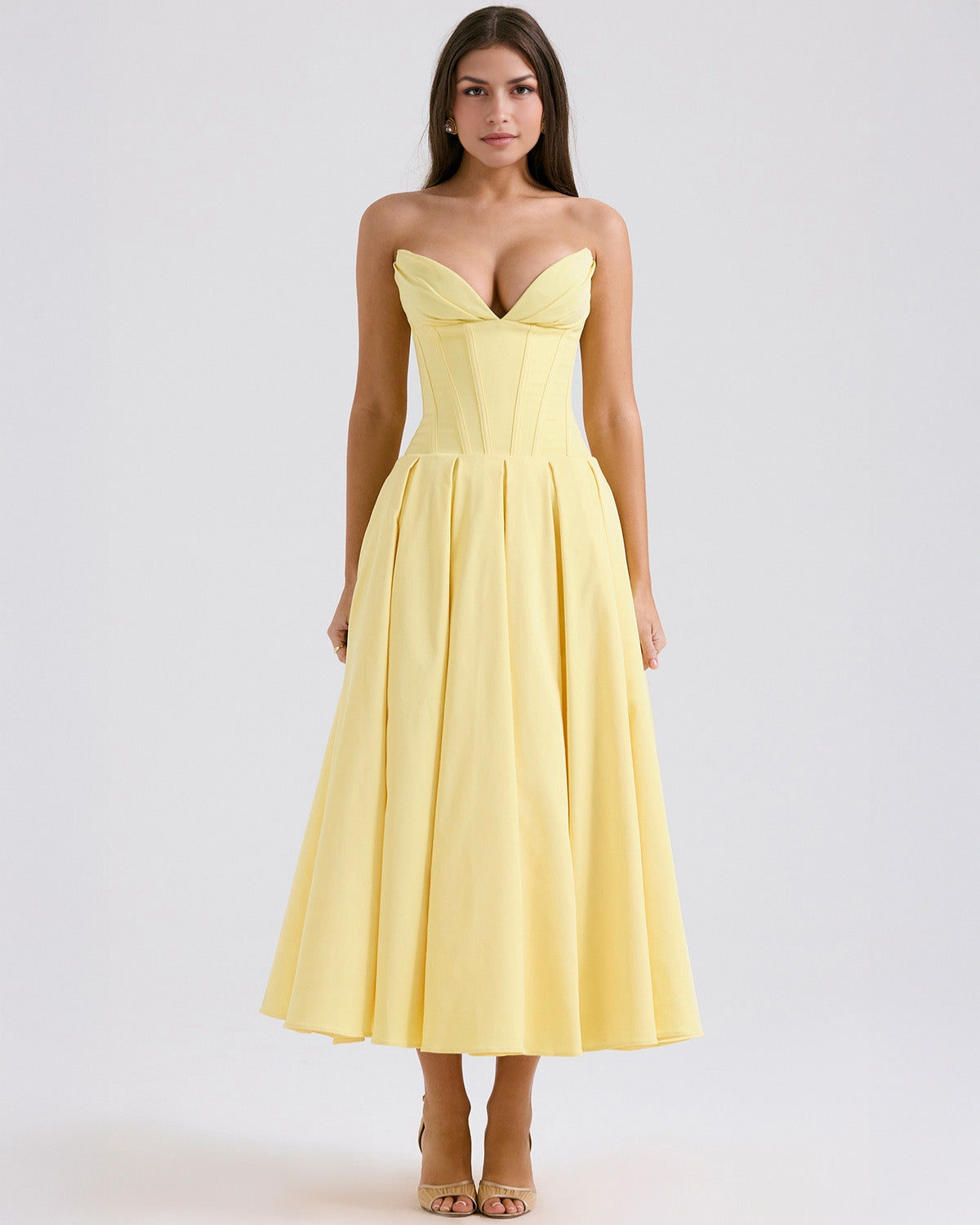Strapless Corset Sweetheart Neckline Box Pleat A-Line Midi Dress