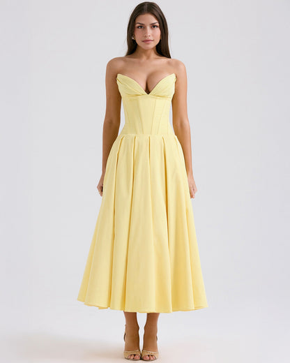Strapless Corset Sweetheart Neckline Box Pleat A-Line Midi Dress
