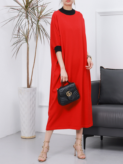 Rib Knit Contrast Collar Oversized Knit Midi Dress