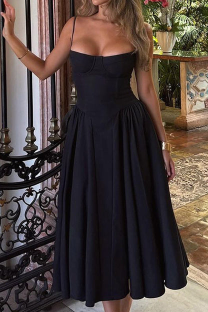 Corset Bustier Spaghetti Strap Basque Waist Gathered Full Midi Dress