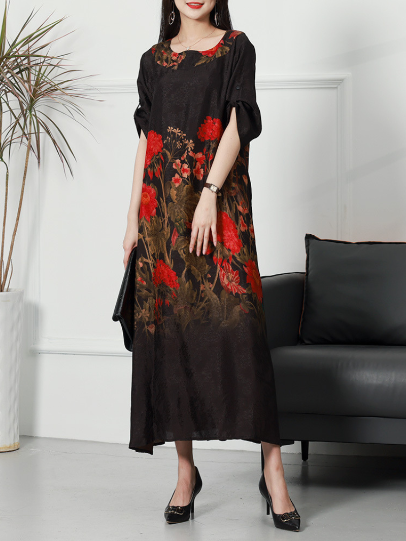 Round Neck Roll Tab Sleeve Floral Print Loose Midi Dress