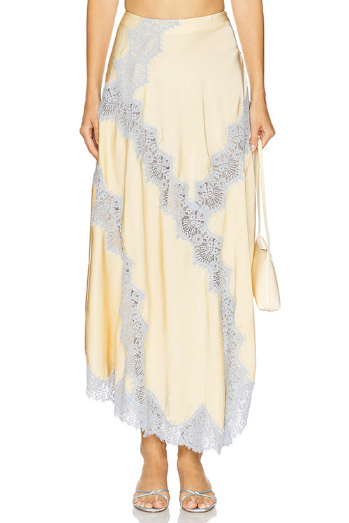 High Rise Color Block Lace Trim Satin Maxi Skirt