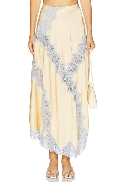 High Rise Color Block Lace Trim Satin Maxi Skirt