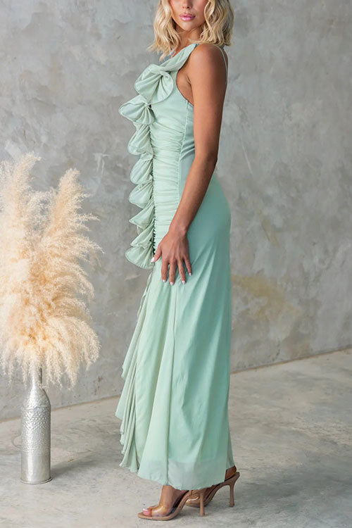 One Shoulder Slit Ruched Ruffle Mesh Maxi Dress