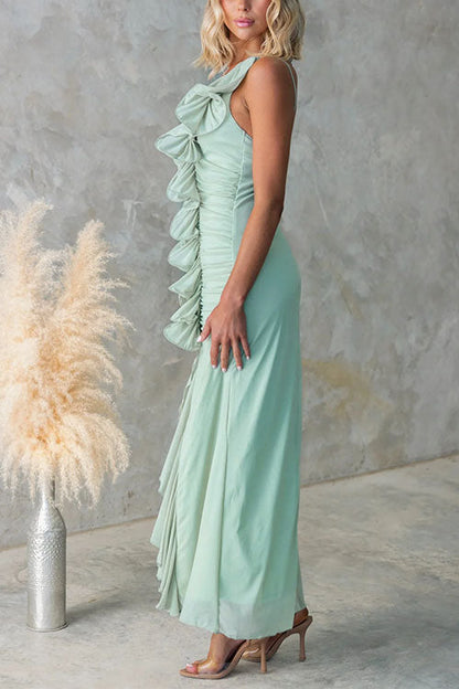 One Shoulder Slit Ruched Ruffle Mesh Maxi Dress