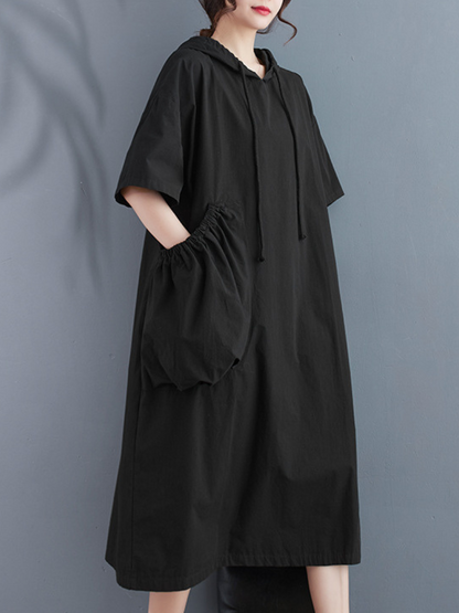 Hooded Drawstring Pouch Pocket Oversized Midi Sweatshirt Dress