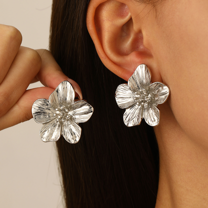 Vintage Delicate Large Flower Metal Stud Earrings