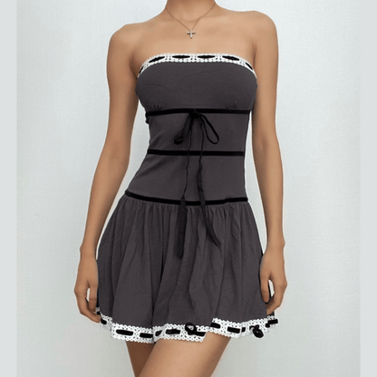 Strapless Velvet Band Bow Eyelet Lace Trim Drop Waist Tube Mini Dress