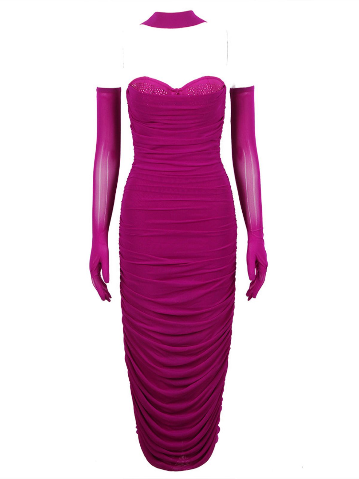 Strapless Sweetheart Rhinestone Bust Ruched Midi Dress with Gloves