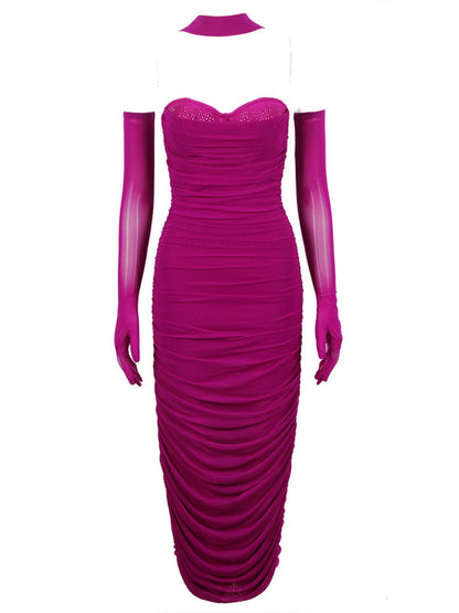 Strapless Sweetheart Rhinestone Bust Ruched Midi Dress with Gloves