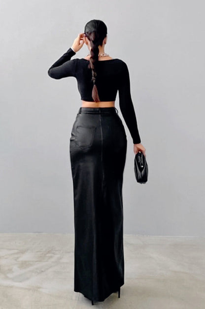 Solid Leather High Waist Slit Skirt