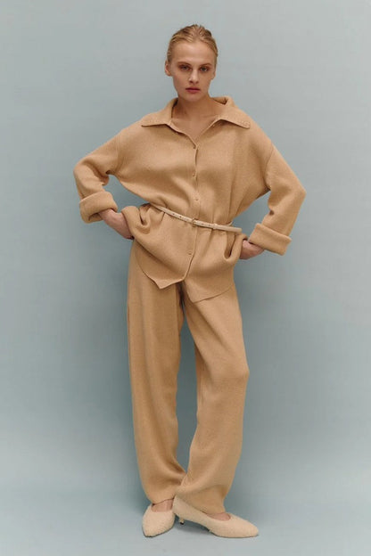 Knit Ribbed Collar Long Sleeve Loose Two Piece Set