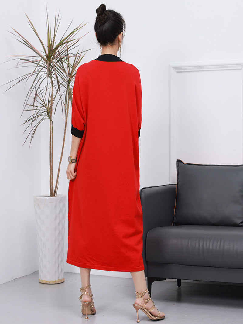 Rib Knit Contrast Collar Oversized Knit Midi Dress
