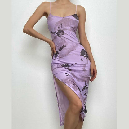 Spaghetti Strap Butterfly Print High Slit Bodycon Midi Dress