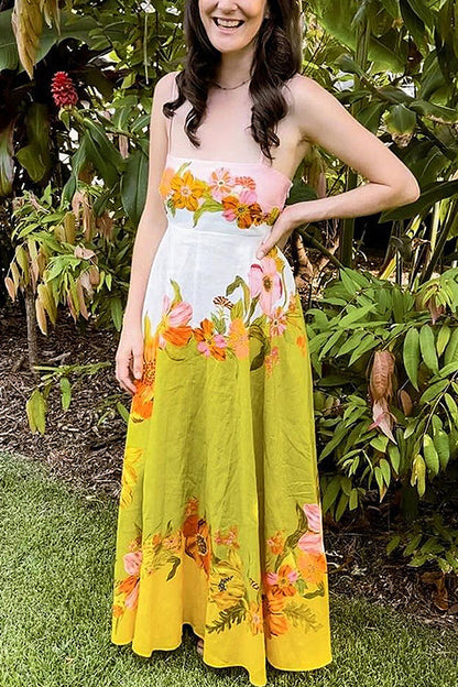 Square Neck Spaghetti Strap Ombre Border Large Floral Print Maxi Dress