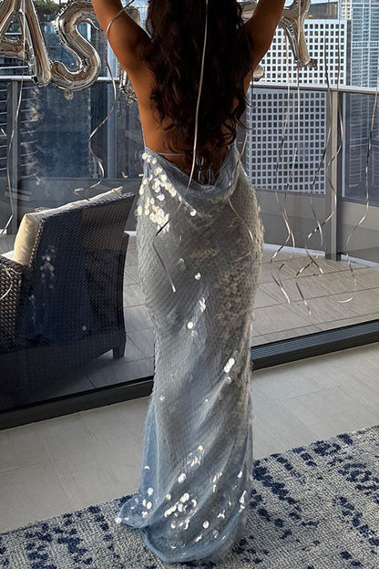 Halter Cowl Neck Open Back Sequin Maxi Party Dress