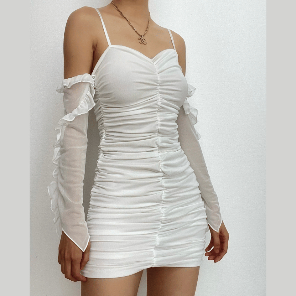 Sweetheart Neck Spaghetti Strap Ruched Mesh Ruffle Sleeve Bodycon Mini Dress