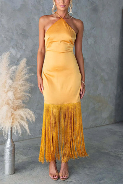 Halter Neck Patchwork Fringe Hem Satin Maxi Dress