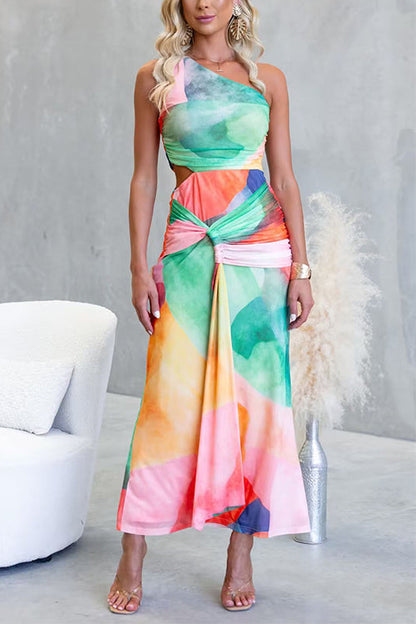 One Shoulder Sleeveless Cut Out Waist Printed Maxi Dress