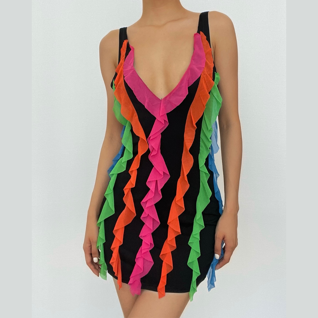 Contrast Ruffle V Neck Sleeveless Backless Mini Dress