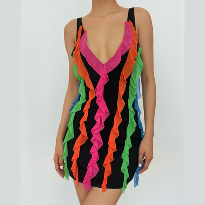 Contrast Ruffle V Neck Sleeveless Backless Mini Dress