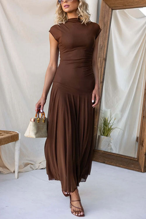 Mockneck Cap Sleeves Ruched Mesh Maxi Dress