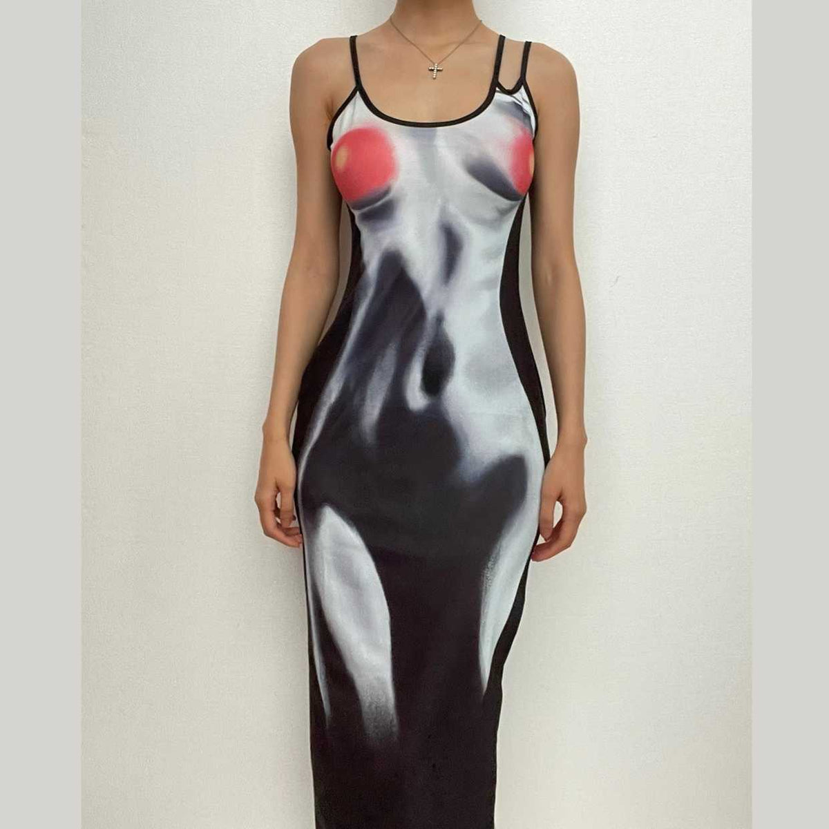 Abstract Body Print Trompe L Oeil Spaghetti Strap Maxi Dress