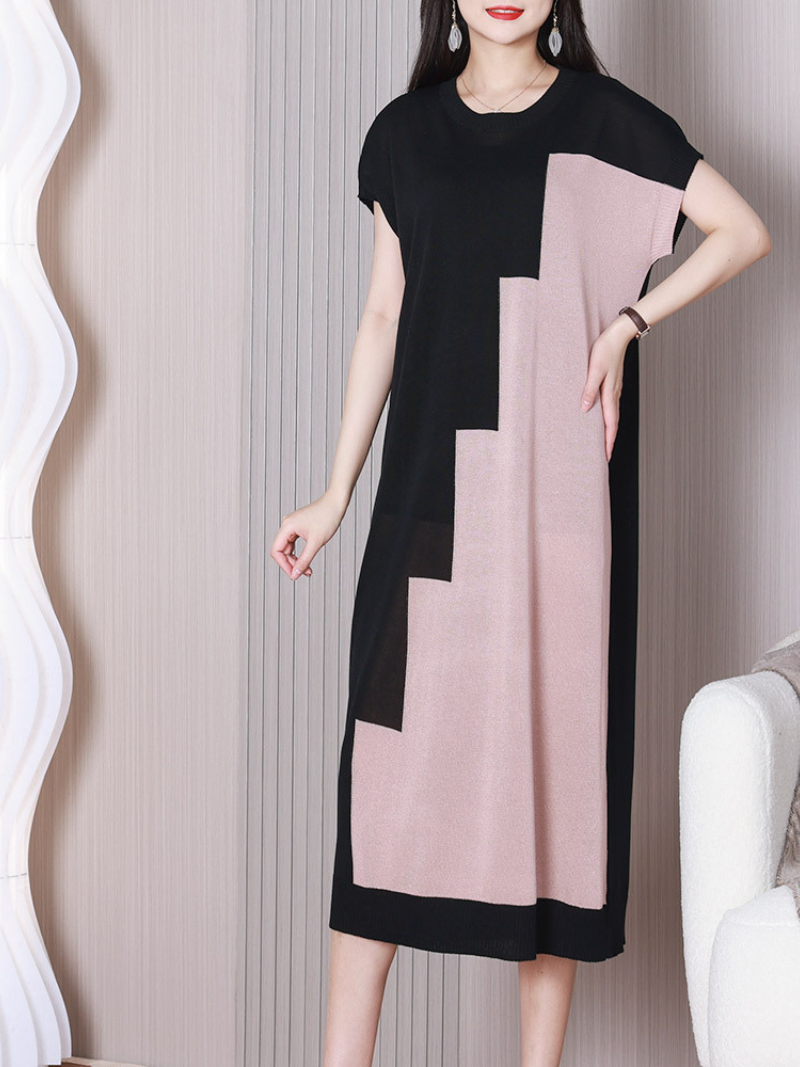 Crew Neck Short Sleeve Asymmetrical Color Block Knit Midi Sweater Dress