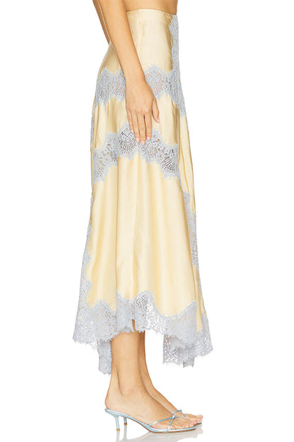 High Rise Color Block Lace Trim Satin Maxi Skirt