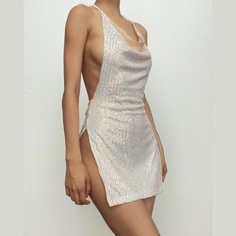Sequin Cowl Neck Halter Open Side Slit Mini Dress