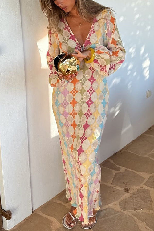 Deep V Neck Lantern Sleeve Crinkle Plisse Diamond Print Maxi Dress