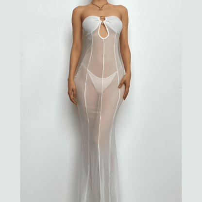 Sheer Mesh Tube Keyhole Ring Center Seam Bodycon Maxi Dress