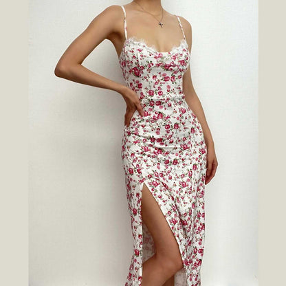 Sweetheart Neck Lace Trim Floral Print Side Slit Bodycon Midi Dress