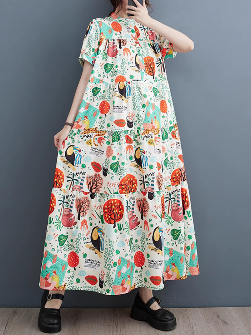 Mandarin Collar Short Sleeve Tiered Novelty Print Maxi Dress