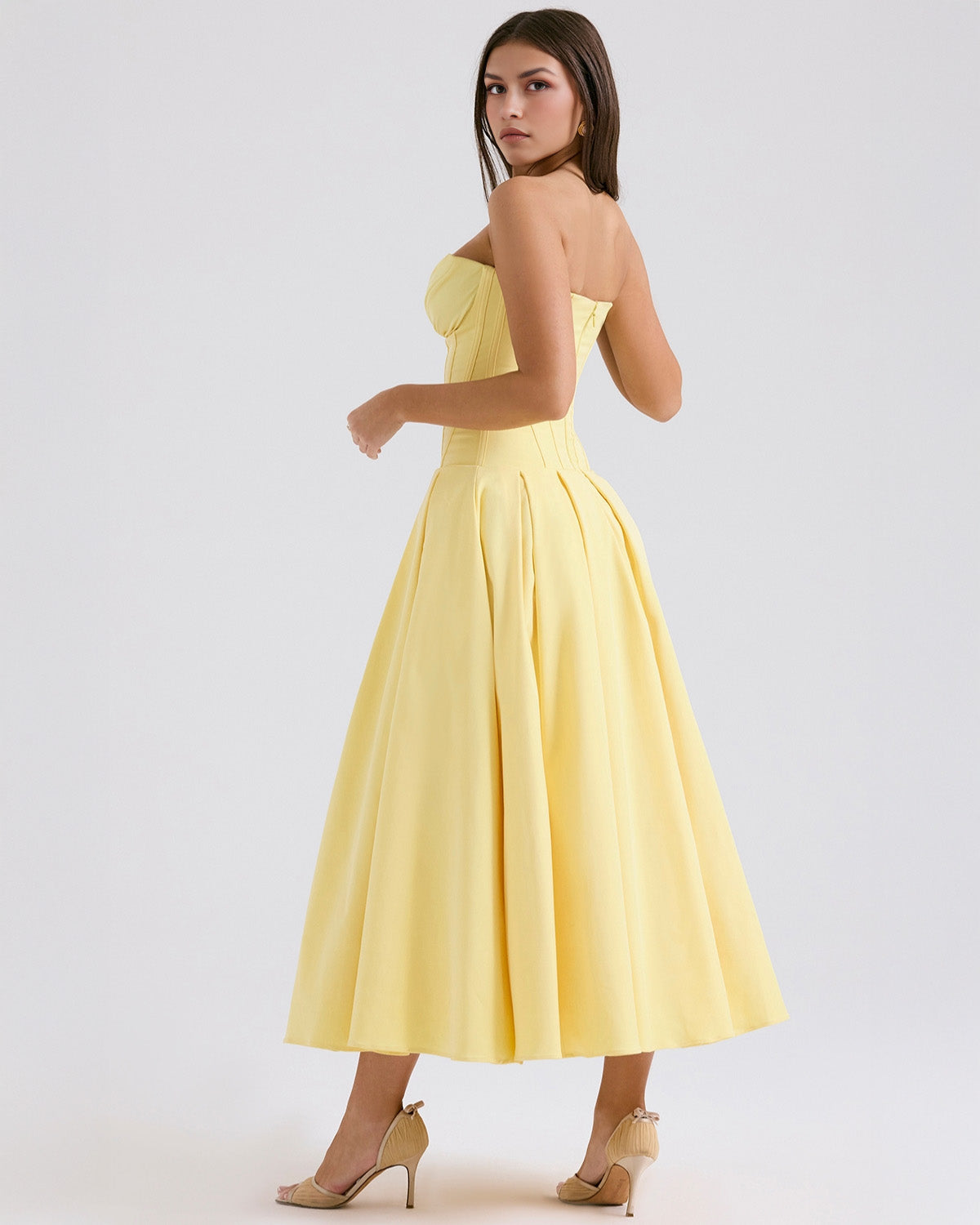 Strapless Corset Sweetheart Neckline Box Pleat A-Line Midi Dress