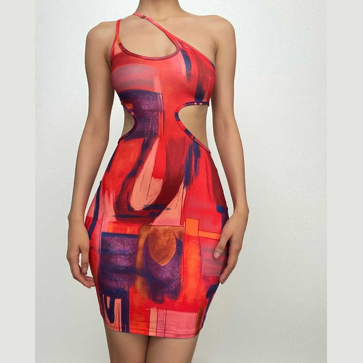 Abstract Painterly Print One Shoulder Waist Cutout Bodycon Mini Dress