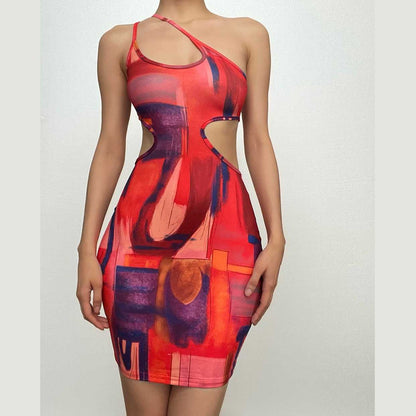 Abstract Painterly Print One Shoulder Waist Cutout Bodycon Mini Dress