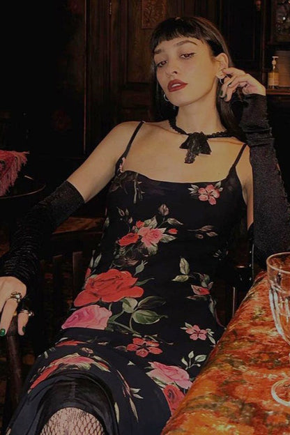 Vintage Floral Bodycon Cami Maxi Dress