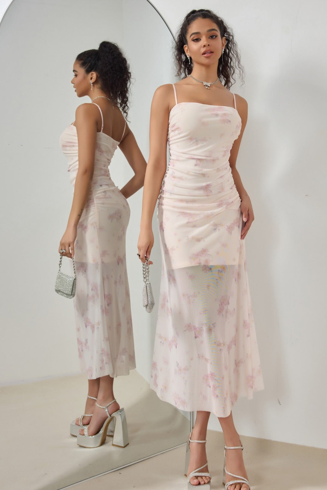 Spaghetti Strap Ruched Floral Print Mesh Overlay Bodycon Midi Dress