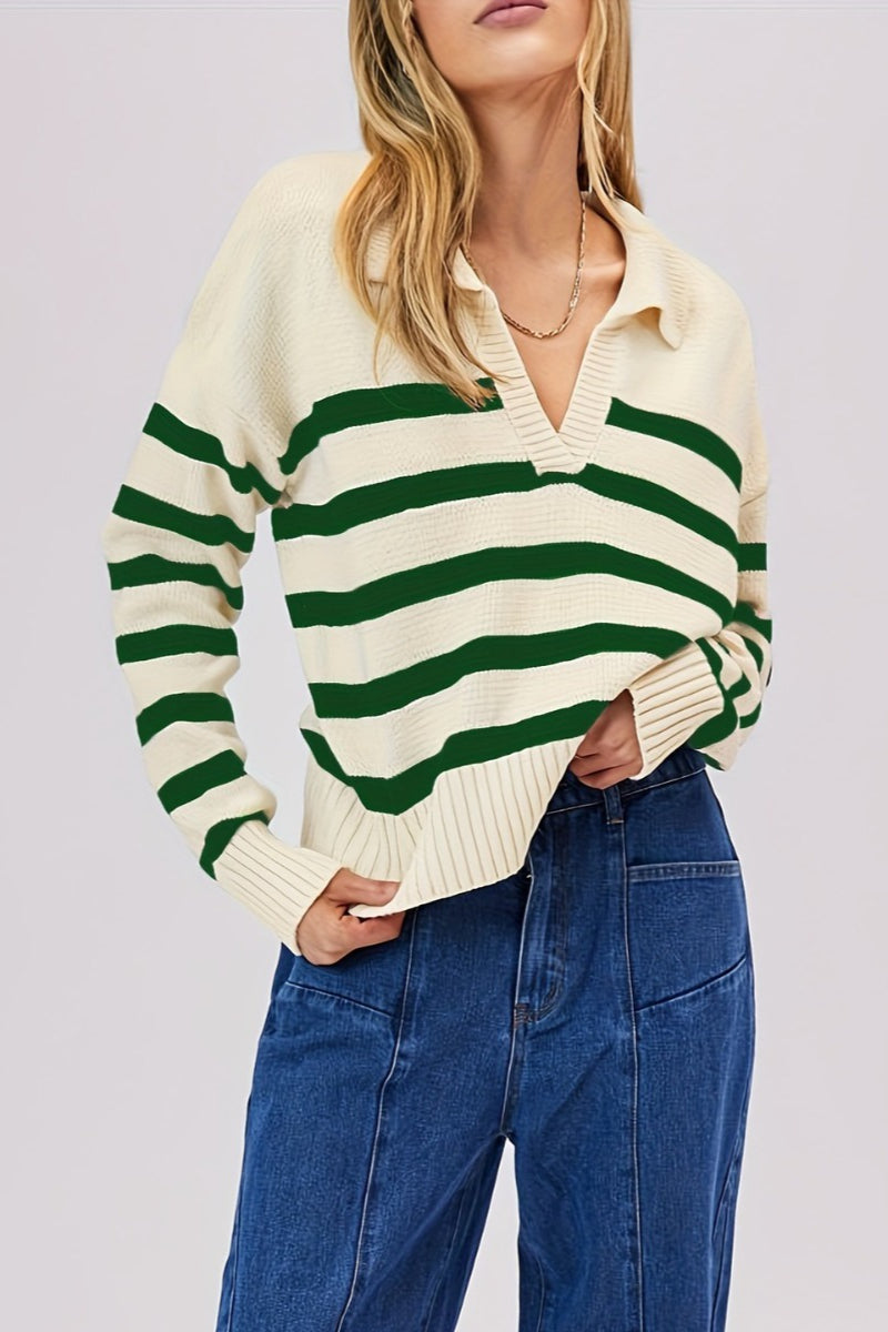 Striped Wool Collar V-Neck Sweater