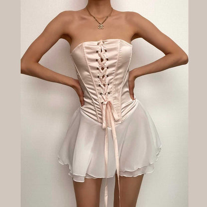 Strapless Lace-Up Corset Organza Ruffle Skater Mini Dress