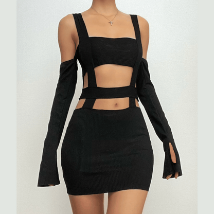 Square Neck Cutout Rib Knit Long Sleeve Mini Dress