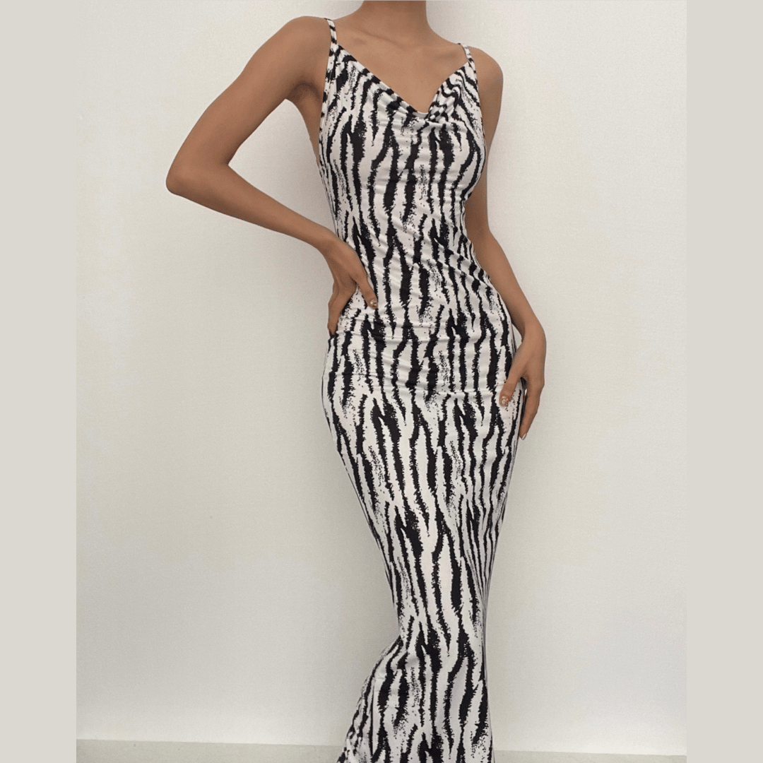 Zebra Print Cowl Neck Spaghetti Strap Backless Slit Bodycon Midi Dress