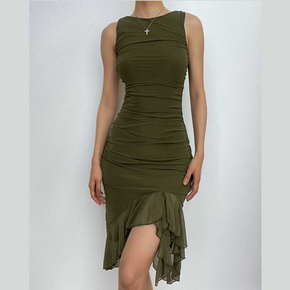 Ruched Sleeveless Ruffle Zip Up Backless Midi Dress