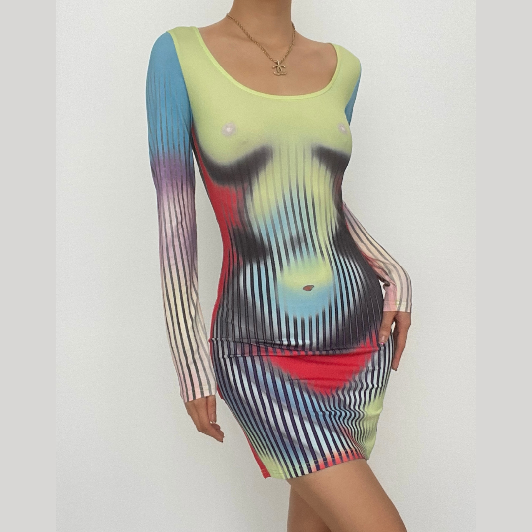 Long Sleeve Scoop Neck Trompe L'Oeil Body Print Bodycon Mini Dress