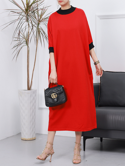 Rib Knit Contrast Collar Oversized Knit Midi Dress