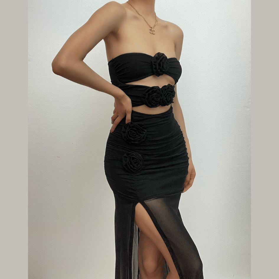 Flower Applique Cutout Ruched High Slit Midi Dress Set