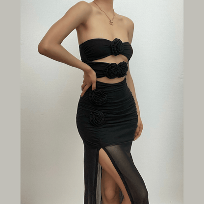 Flower Applique Cutout Ruched High Slit Midi Dress Set