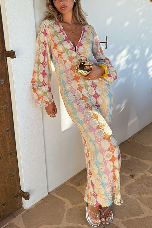 Deep V Neck Lantern Sleeve Crinkle Plisse Diamond Print Maxi Dress